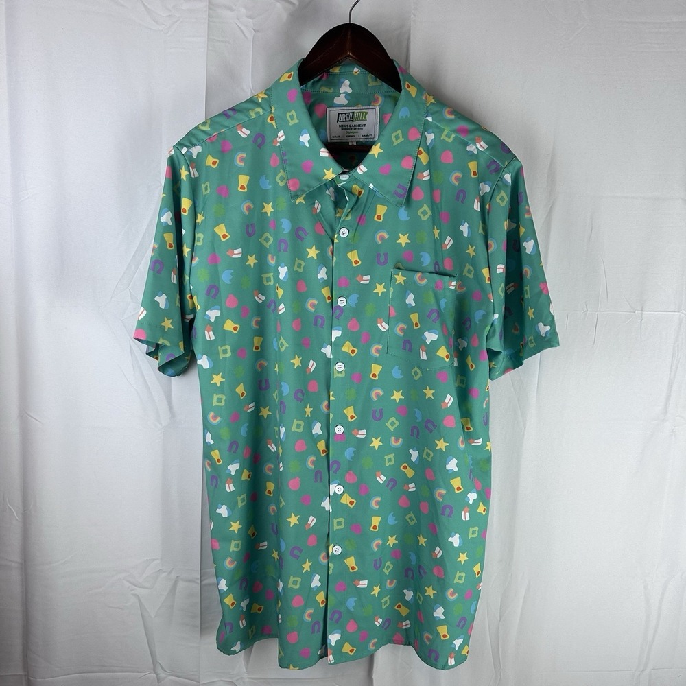Arvilhill‎ Men's Large Lucky Charm Marshmallow Button Shirt Short Sleeve AOP